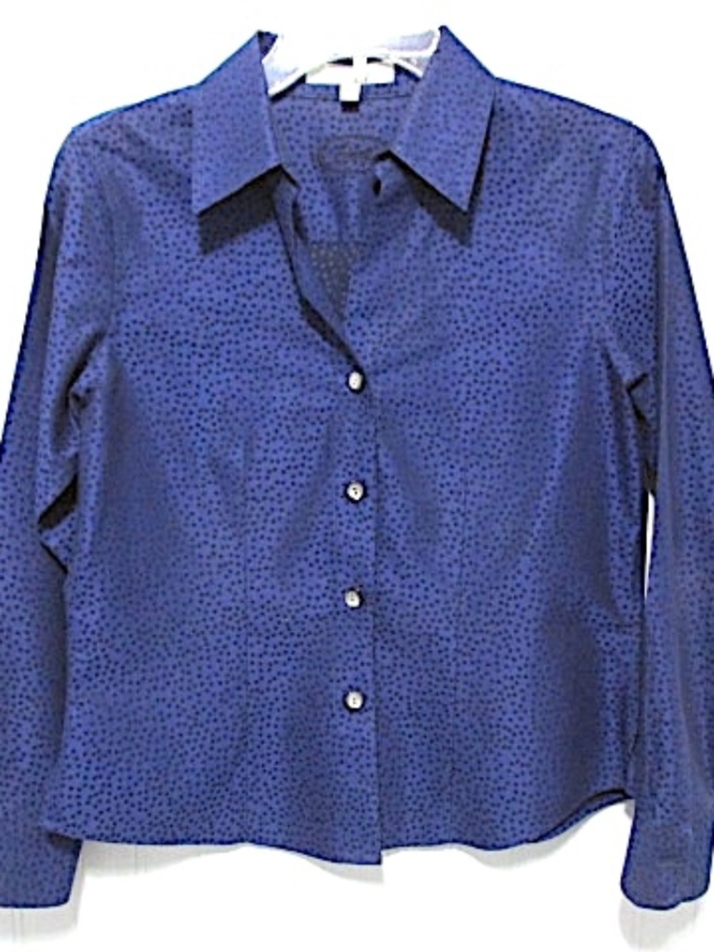 Foxcroft Non-Iron Blue Patterned Fitted Cotton Blouse, Size 4P